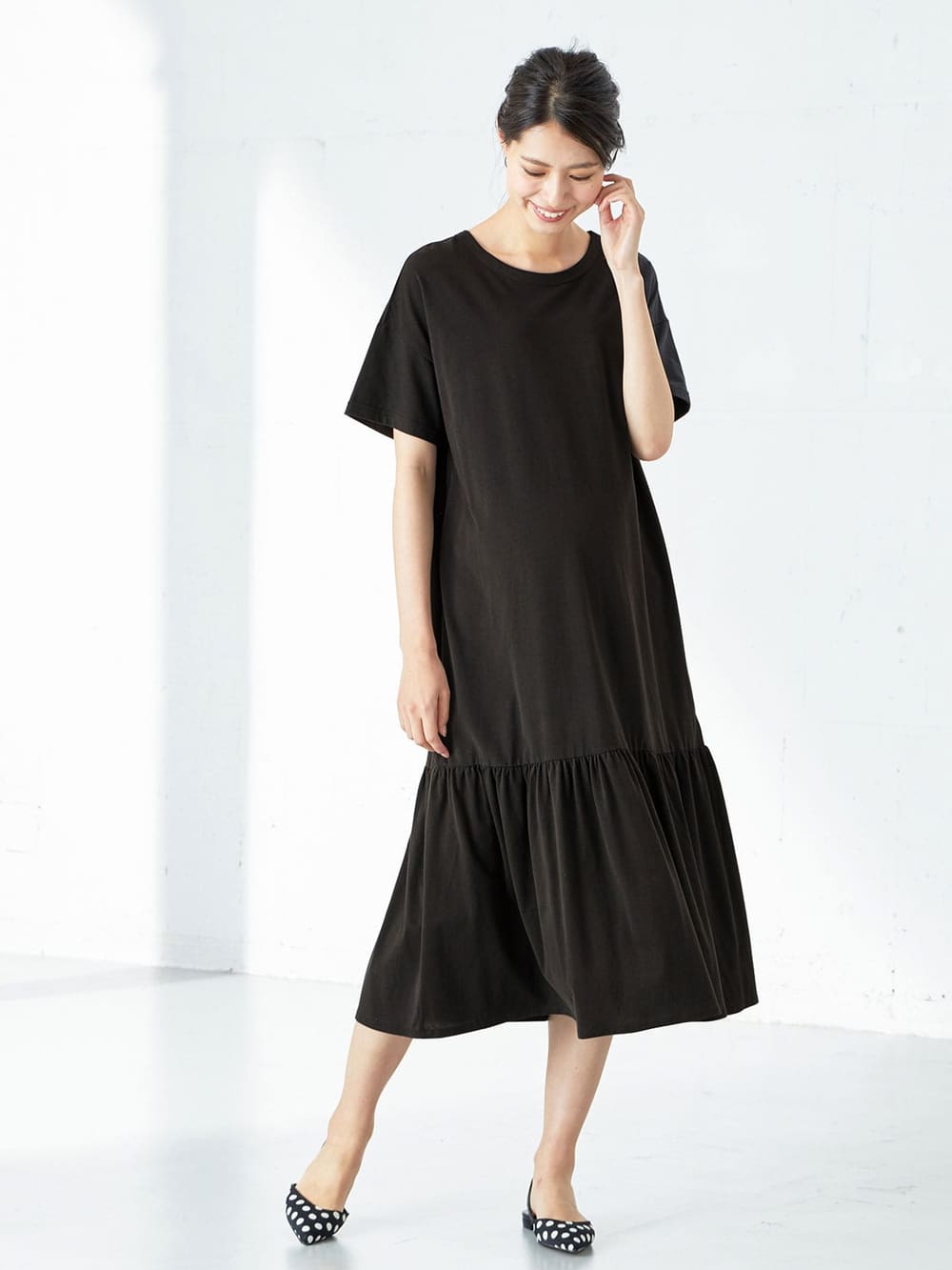 マタニティ ワンピース|裾ギャザーワンピース マタニティ・授乳服【出産後も長く使える】|ブラック