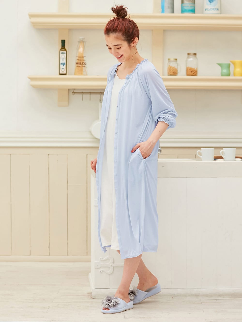 マタニティ パジャマ・ルームウェア|【授乳口付】【セット】ネグリジェガウン×キャミソールセット|サックス