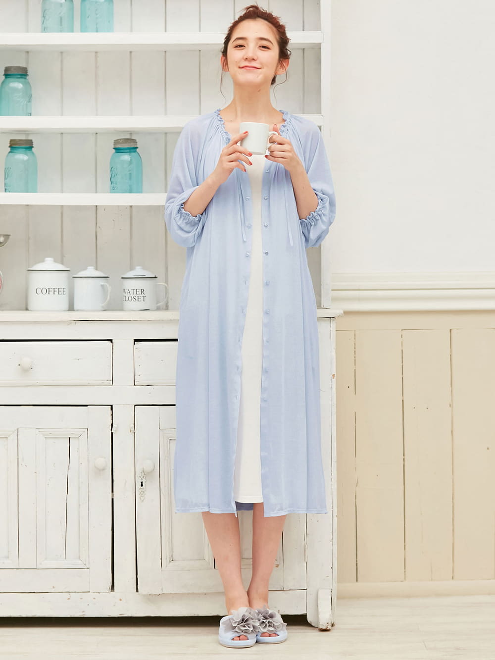 マタニティ パジャマ・ルームウェア|【授乳口付】【セット】ネグリジェガウン×キャミソールセット|サックス