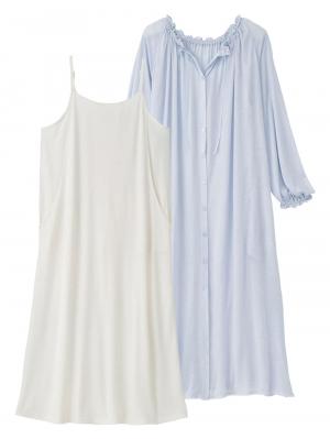 マタニティ パジャマ・ルームウェア|【授乳口付】【セット】ネグリジェガウン×キャミソールセット|サックス