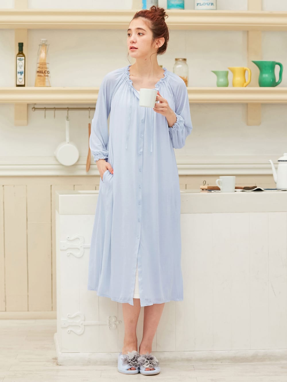 マタニティ パジャマ・ルームウェア|【授乳口付】【セット】ネグリジェガウン×キャミソールセット|サックス