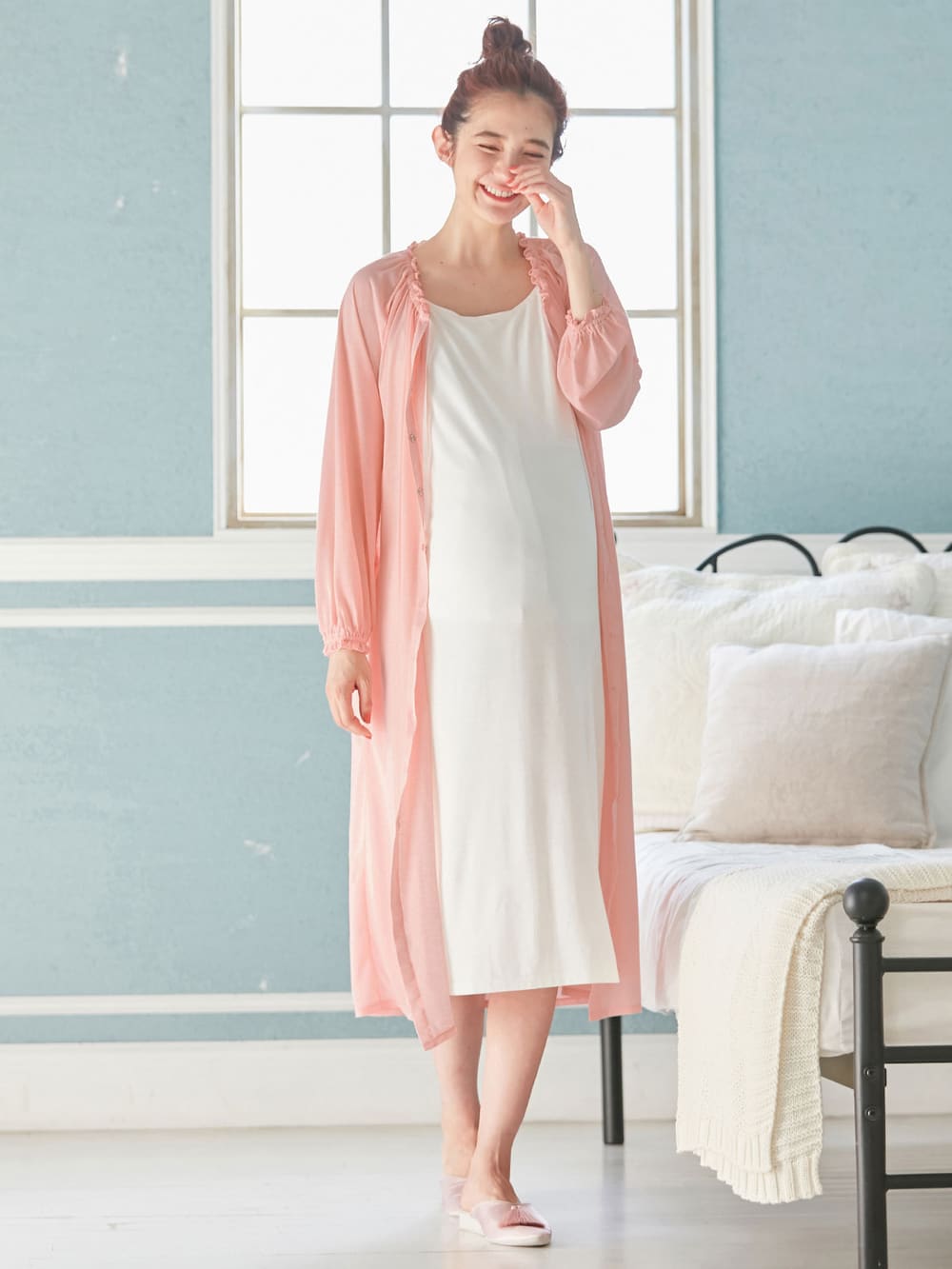 マタニティ パジャマ・ルームウェア|【授乳口付】【セット】ネグリジェガウン×キャミソールセット|ペールピンク