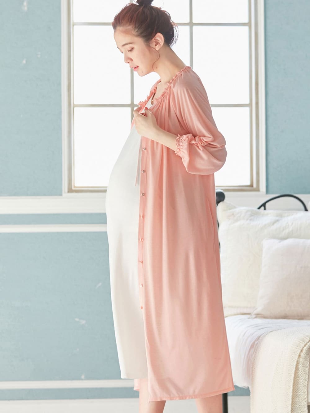 マタニティ パジャマ・ルームウェア|【授乳口付】【セット】ネグリジェガウン×キャミソールセット|ペールピンク