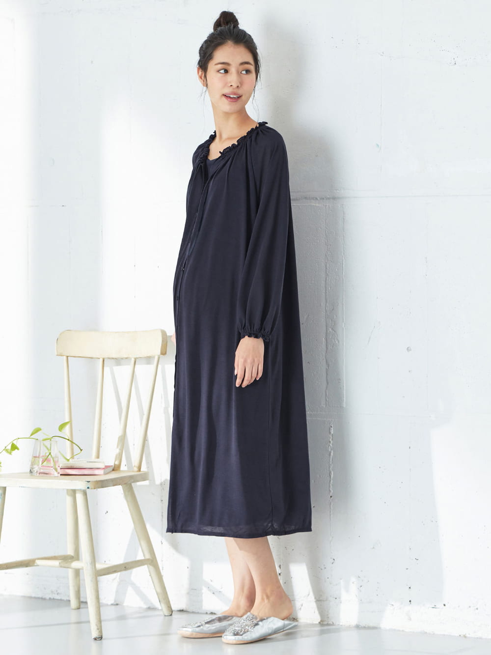 マタニティ パジャマ・ルームウェア|【授乳口付】【セット】ネグリジェガウン×キャミソールセット|ネイビー