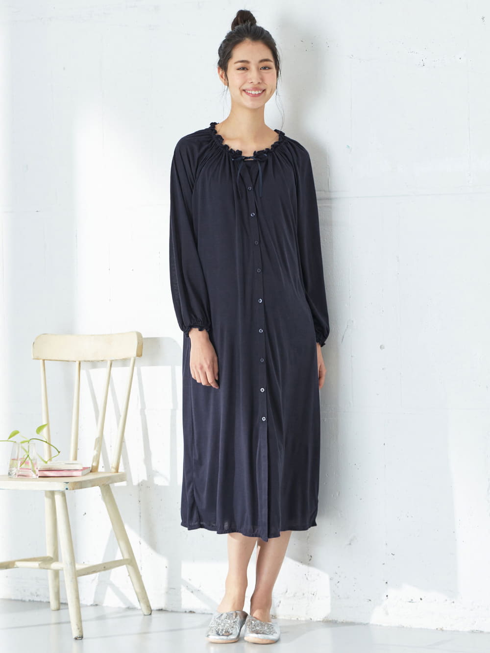 マタニティ パジャマ・ルームウェア|【授乳口付】【セット】ネグリジェガウン×キャミソールセット|ネイビー