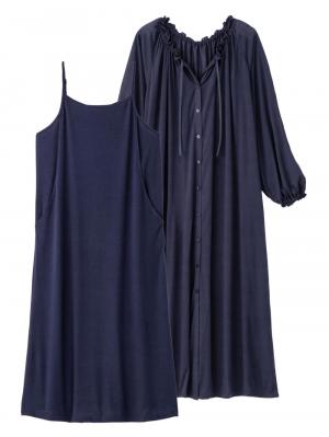 マタニティ パジャマ・ルームウェア|【授乳口付】【セット】ネグリジェガウン×キャミソールセット|ネイビー