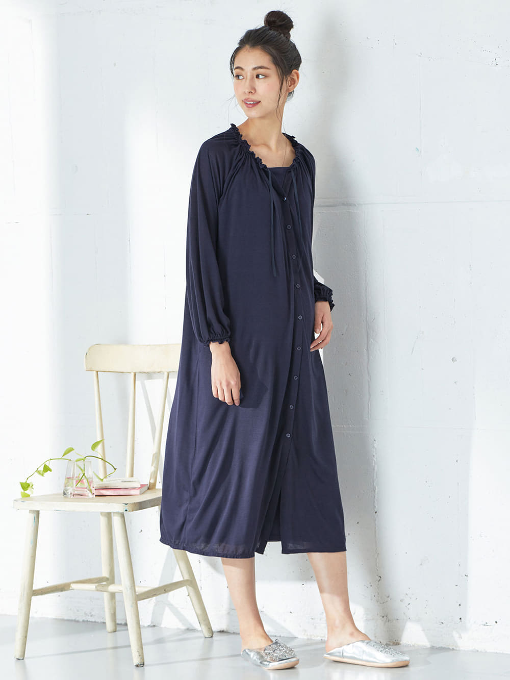 マタニティ パジャマ・ルームウェア|【授乳口付】【セット】ネグリジェガウン×キャミソールセット|ネイビー
