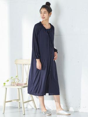 マタニティ パジャマ・ルームウェア|【授乳口付】【セット】ネグリジェガウン×キャミソールセット|ネイビー