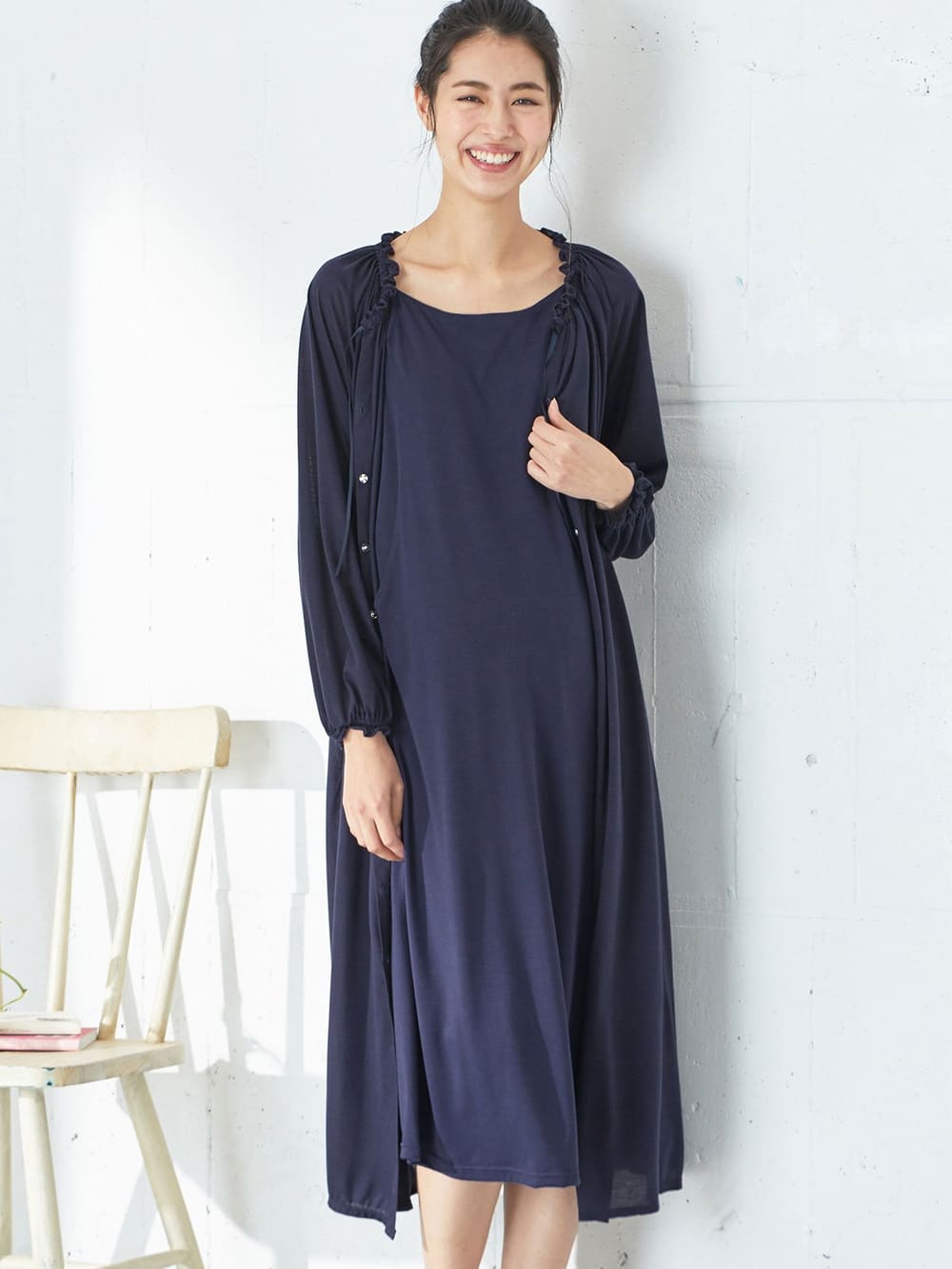 マタニティ パジャマ・ルームウェア|【授乳口付】【セット】ネグリジェガウン×キャミソールセット|ネイビー