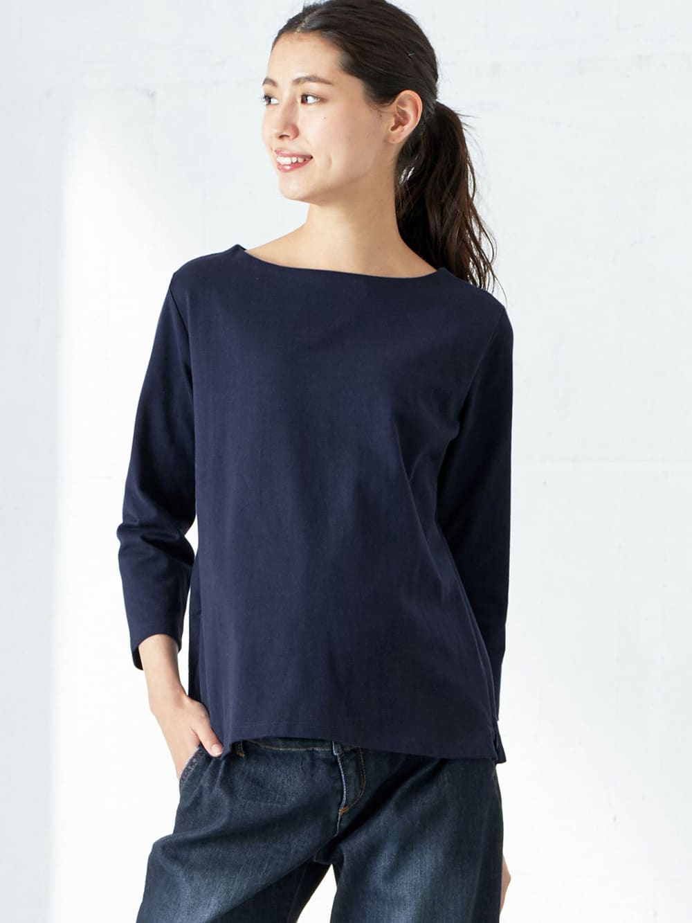 マタニティ トップス|七分袖バスクTシャツ　マタニティ・授乳服【出産後も長く使える】|ネイビー