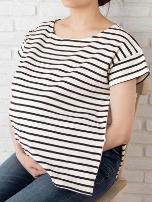 マタニティ トップス|半袖ボートネックバスクTシャツ　マタニティ・授乳服【出産後も長く使える】