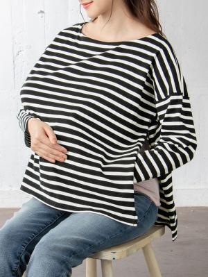 マタニティ トップス|【親子コーデ可】長袖ビックシルエットバスクTシャツ　マタニティ・授乳服【出産後も長く使える】