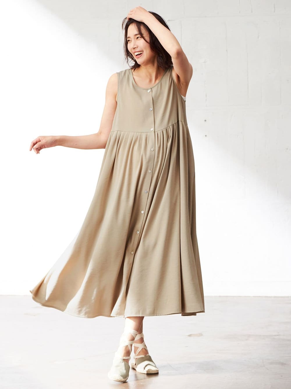 マタニティ ワンピース|【マタニティ・授乳服】リネンライク3WAYワンピース【出産後も長く使える】|ベージュ