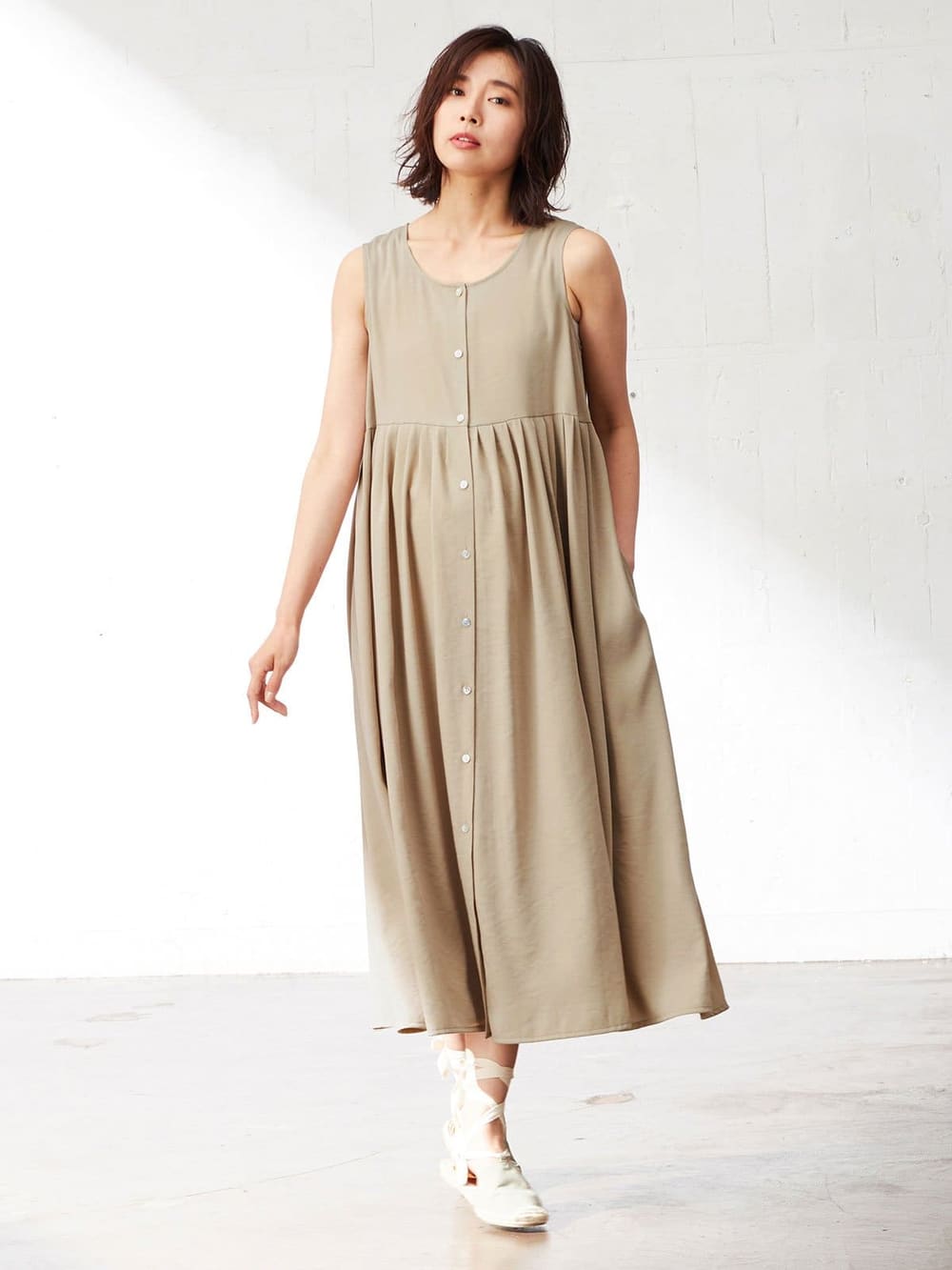 マタニティ ワンピース|【マタニティ・授乳服】リネンライク3WAYワンピース【出産後も長く使える】|ベージュ