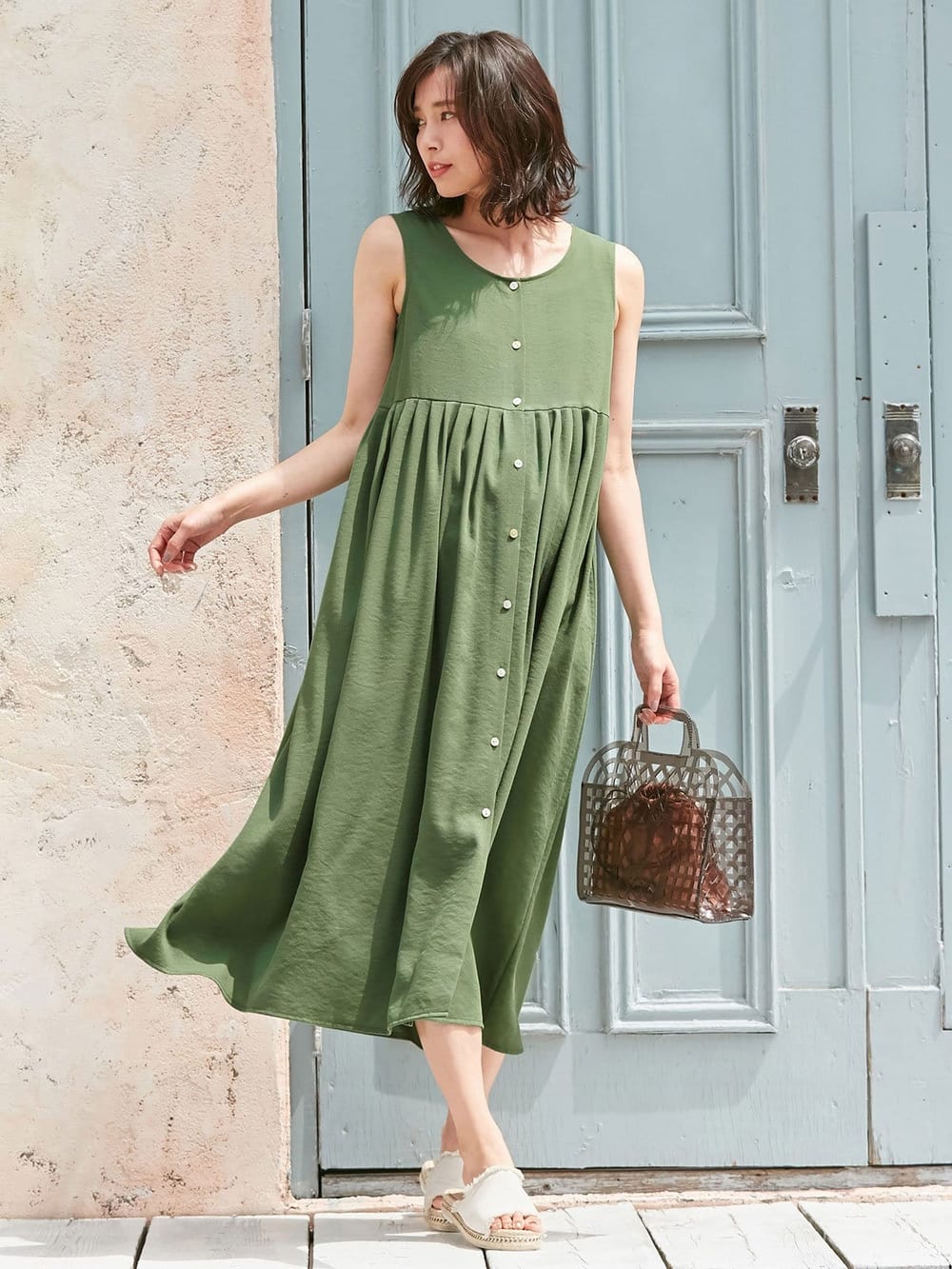 マタニティ ワンピース|【マタニティ・授乳服】リネンライク3WAYワンピース【出産後も長く使える】|カーキ