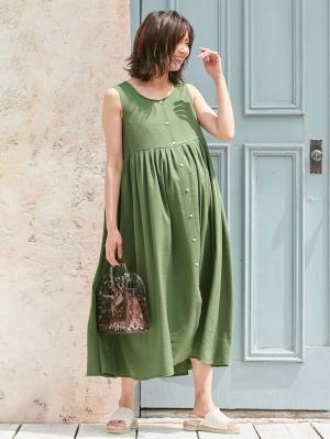 マタニティ ワンピース|【マタニティ・授乳服】リネンライク3WAYワンピース【出産後も長く使える】|カーキ