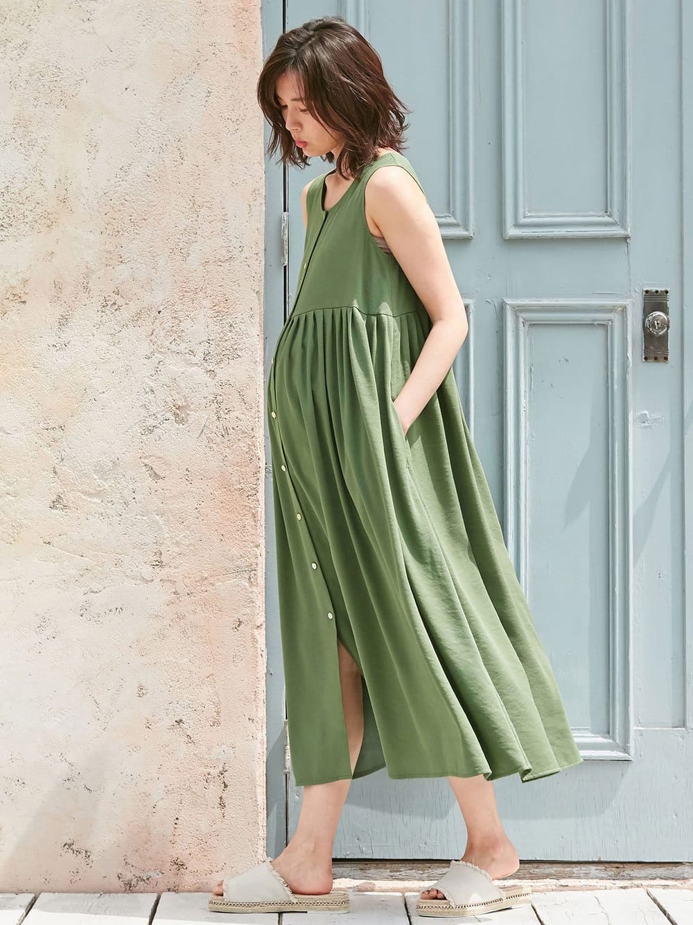 マタニティ ワンピース|【マタニティ・授乳服】リネンライク3WAYワンピース【出産後も長く使える】|カーキ