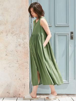 マタニティ ワンピース|【マタニティ・授乳服】リネンライク3WAYワンピース【出産後も長く使える】|カーキ