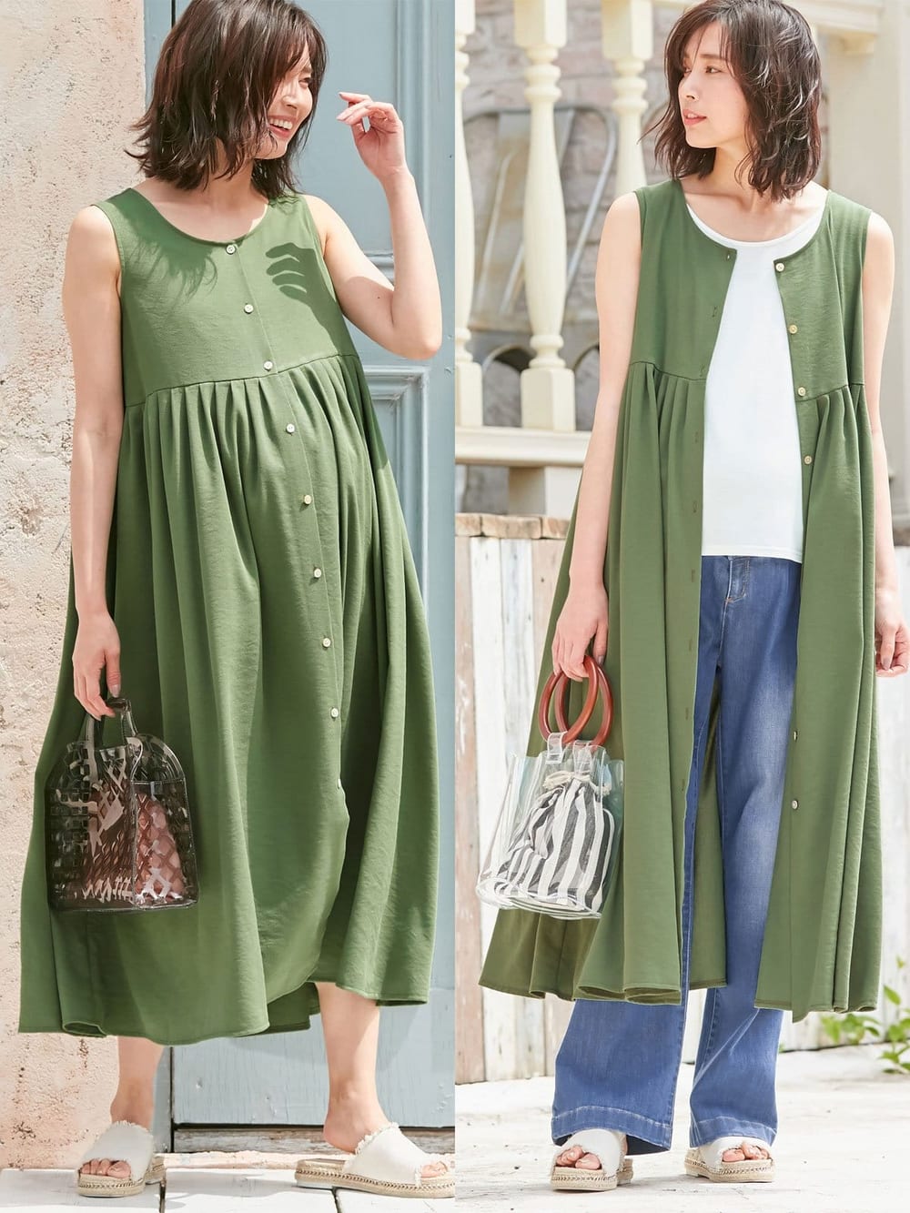 マタニティ ワンピース|【マタニティ・授乳服】リネンライク3WAYワンピース【出産後も長く使える】|カーキ