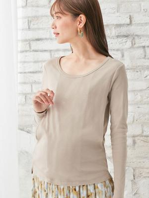 マタニティ トップス|綿混やわらかフライスラウンドネックTシャツ　マタニティ・授乳服【出産後も長く使える】|グレージュ