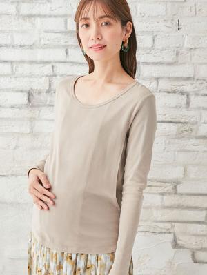 マタニティ トップス|綿混やわらかフライスラウンドネックTシャツ　マタニティ・授乳服【出産後も長く使える】|グレージュ