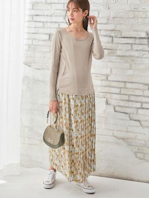 マタニティ トップス|綿混やわらかフライスラウンドネックTシャツ　マタニティ・授乳服【出産後も長く使える】|グレージュ