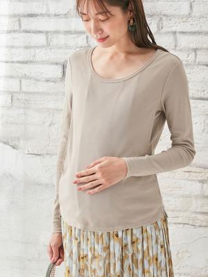 マタニティ トップス|綿混やわらかフライスラウンドネックTシャツ　マタニティ・授乳服【出産後も長く使える】|グレージュ