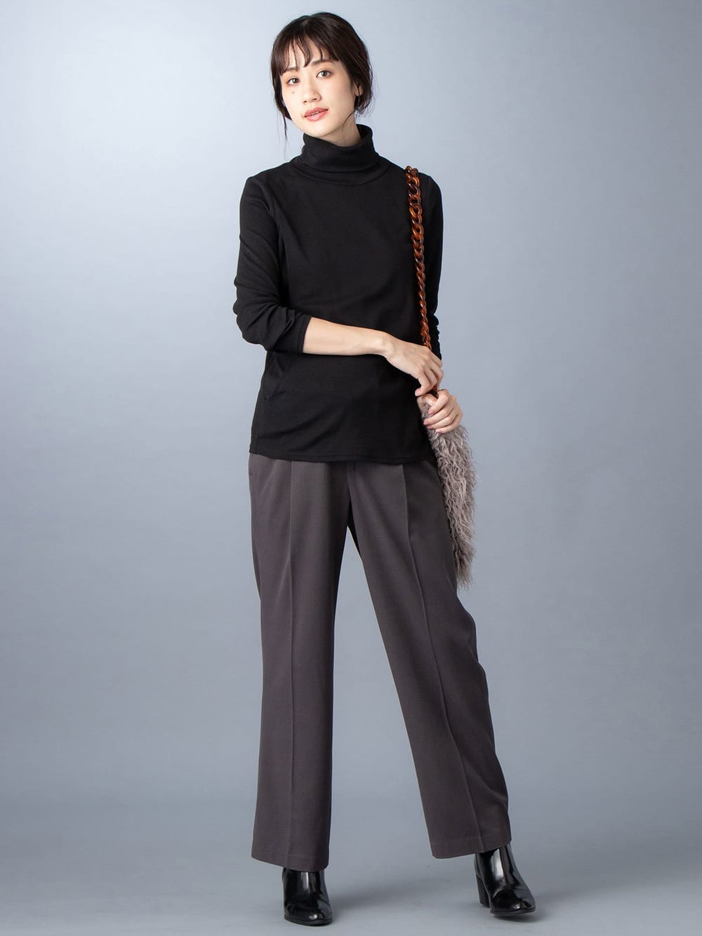 マタニティ トップス|綿混やわらかフライスタートルネックTシャツ　マタニティ・授乳服【出産後も長く使える】|ブラック