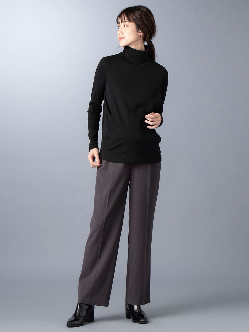 マタニティ トップス|綿混やわらかフライスタートルネックTシャツ　マタニティ・授乳服【出産後も長く使える】|ブラック