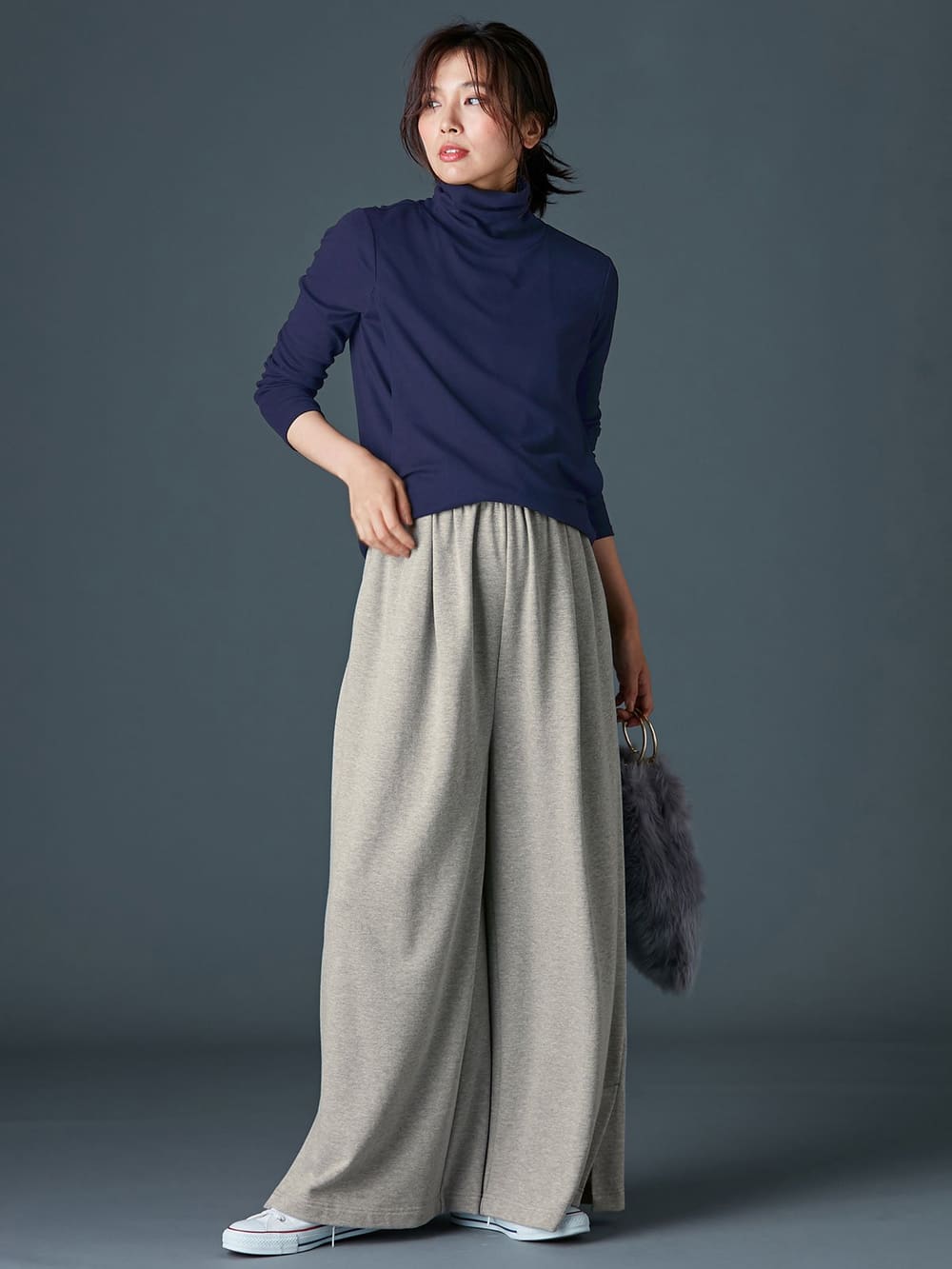 マタニティ トップス|綿混やわらかフライスタートルネックTシャツ　マタニティ・授乳服【出産後も長く使える】|ネイビー