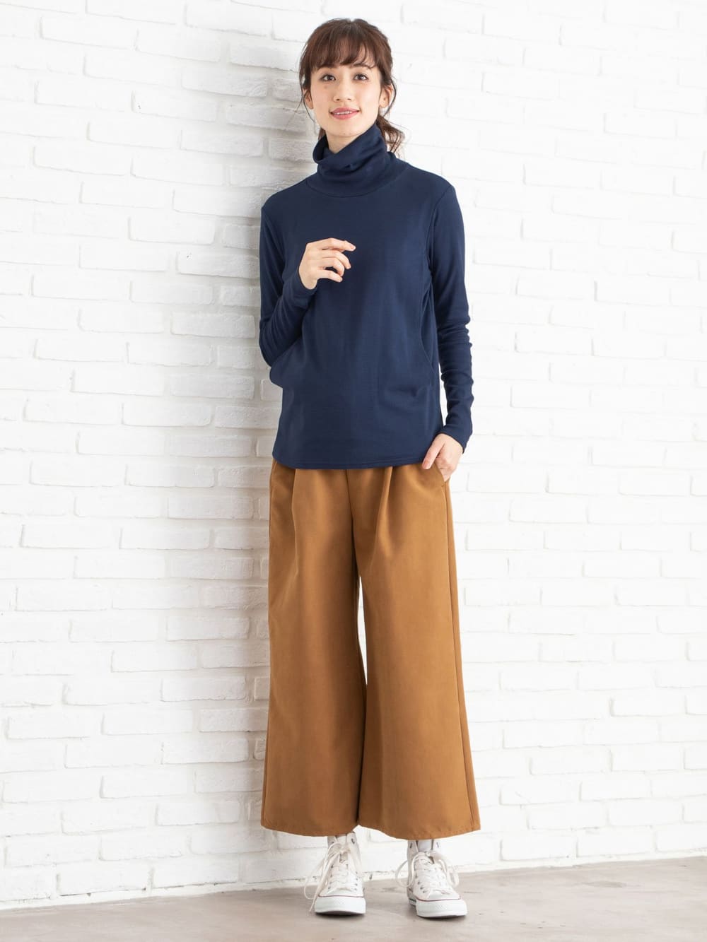 マタニティ トップス|綿混やわらかフライスタートルネックTシャツ　マタニティ・授乳服【出産後も長く使える】|ネイビー