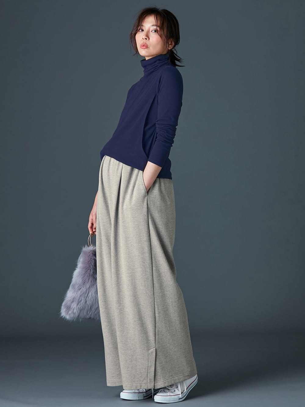 マタニティ トップス|綿混やわらかフライスタートルネックTシャツ　マタニティ・授乳服【出産後も長く使える】|ネイビー