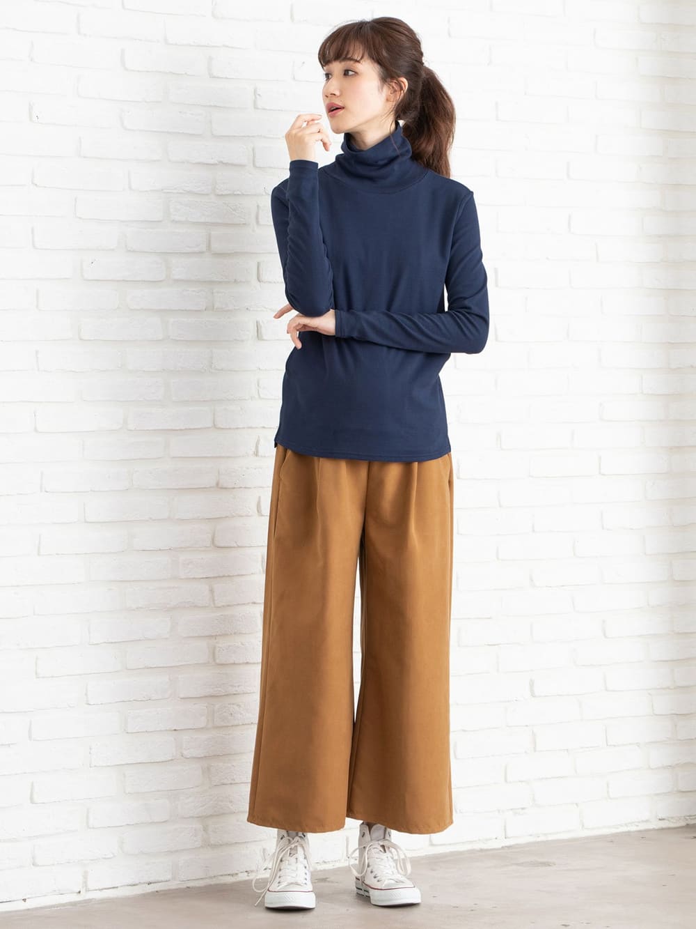 マタニティ トップス|綿混やわらかフライスタートルネックTシャツ　マタニティ・授乳服【出産後も長く使える】|ネイビー