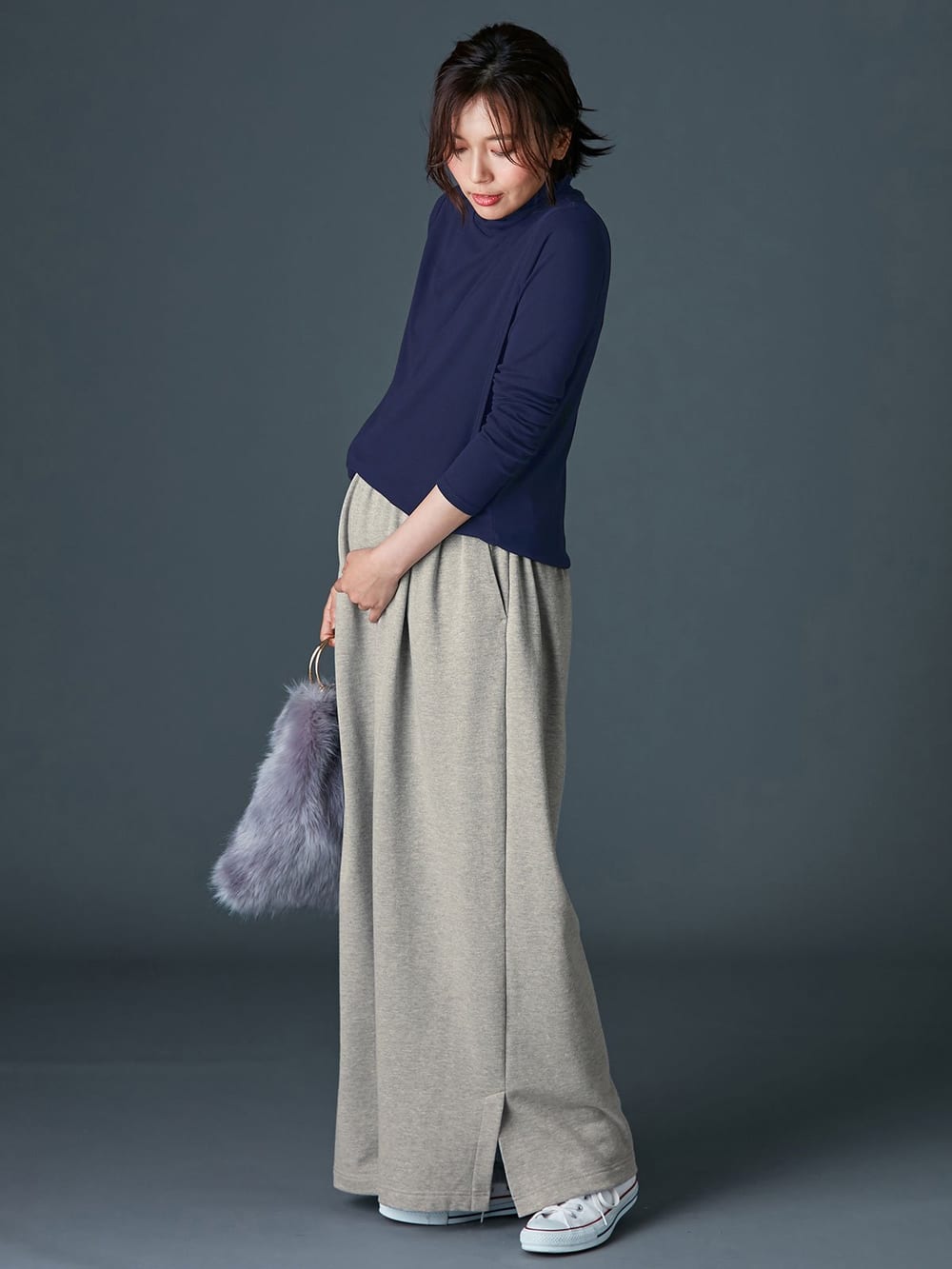 マタニティ トップス|綿混やわらかフライスタートルネックTシャツ　マタニティ・授乳服【出産後も長く使える】|ネイビー