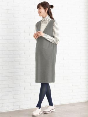 マタニティ トップス|綿混やわらかフライスタートルネックTシャツ　マタニティ・授乳服【出産後も長く使える】|グレー×オフボーダー