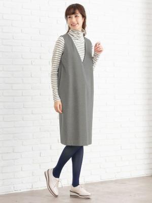 マタニティ トップス|綿混やわらかフライスタートルネックTシャツ　マタニティ・授乳服【出産後も長く使える】|グレー×オフボーダー