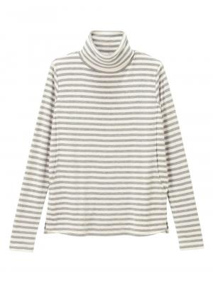 マタニティ トップス|綿混やわらかフライスタートルネックTシャツ　マタニティ・授乳服【出産後も長く使える】|グレー×オフボーダー