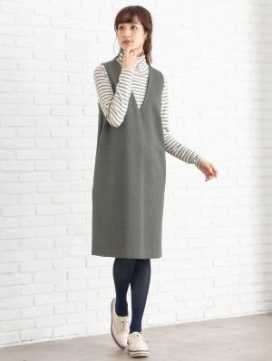 マタニティ トップス|綿混やわらかフライスタートルネックTシャツ　マタニティ・授乳服【出産後も長く使える】|グレー×オフボーダー