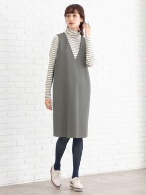 マタニティ トップス|綿混やわらかフライスタートルネックTシャツ　マタニティ・授乳服【出産後も長く使える】|グレー×オフボーダー