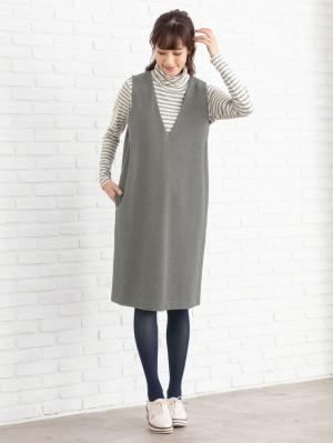 マタニティ トップス|綿混やわらかフライスタートルネックTシャツ　マタニティ・授乳服【出産後も長く使える】|グレー×オフボーダー