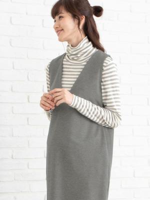 マタニティ トップス|綿混やわらかフライスタートルネックTシャツ　マタニティ・授乳服【出産後も長く使える】|グレー×オフボーダー