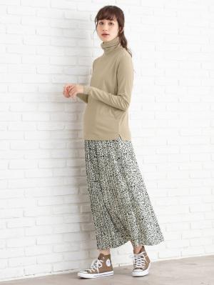 マタニティ トップス|綿混やわらかフライスタートルネックTシャツ　マタニティ・授乳服【出産後も長く使える】|グレージュ