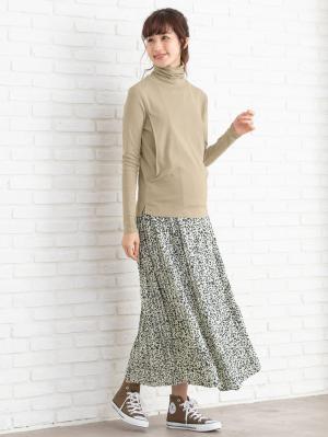 マタニティ トップス|綿混やわらかフライスタートルネックTシャツ　マタニティ・授乳服【出産後も長く使える】|グレージュ