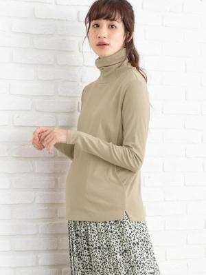 マタニティ トップス|綿混やわらかフライスタートルネックTシャツ　マタニティ・授乳服【出産後も長く使える】|グレージュ