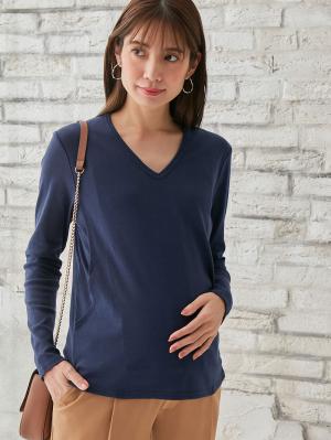 マタニティ トップス|綿混やわらかフライスVネックTシャツ　マタニティ・授乳服【出産後も長く使える】|ネイビー