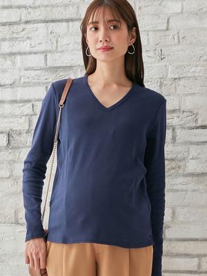 マタニティ トップス|綿混やわらかフライスVネックTシャツ　マタニティ・授乳服【出産後も長く使える】|ネイビー