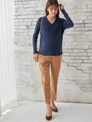 マタニティ トップス|綿混やわらかフライスVネックTシャツ　マタニティ・授乳服【出産後も長く使える】|ネイビー