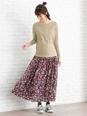 マタニティ トップス|綿混やわらかフライスボートネックTシャツ マタニティ・授乳服【出産後も長く使える】|グレージュ