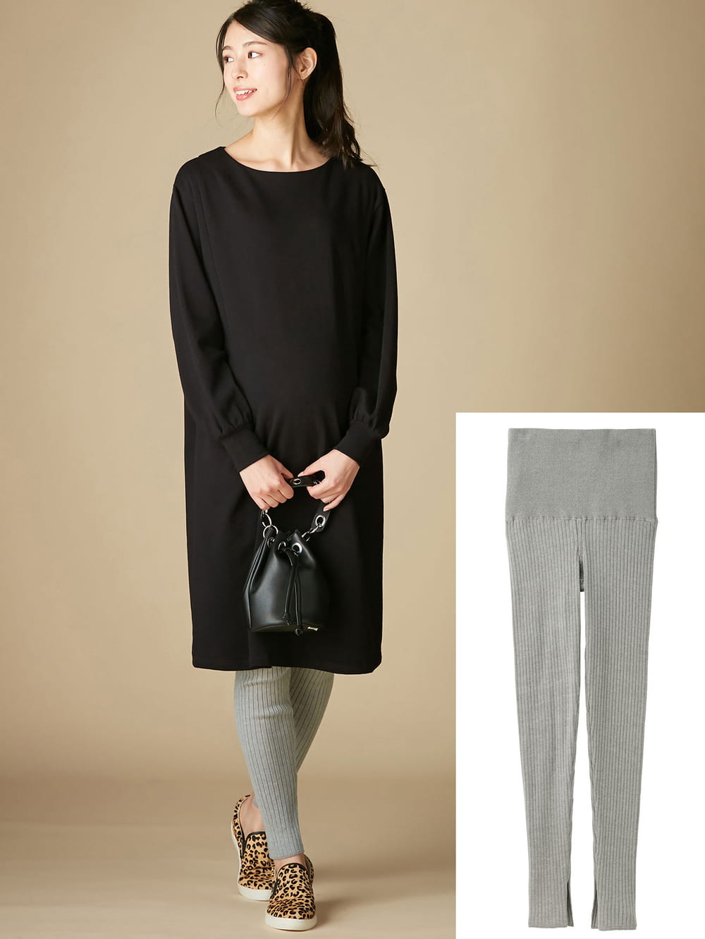 マタニティレッグウェア|ain(アイン)【産前産後対応】12ゲージニットリブレギンス【出産後も長く使える】|グレー