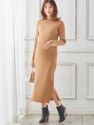 マタニティ ワンピース|Rosemadame(ローズマダム)Iラインリブニットワンピース マタニティ・産後授乳服【出産後も長く使える】|オレンジ